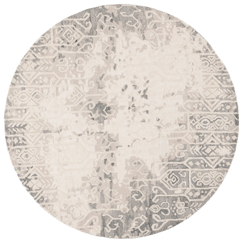 Tapis argenté / ivoire en laine touffeté à la main Ebony Southwestern, Rond 6 pi