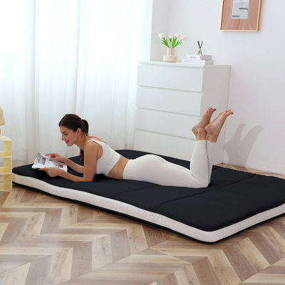 4" Thick Japanese Floor Mattress, Full Size Black Square Pattern Quilted Foldable Floor Mattress