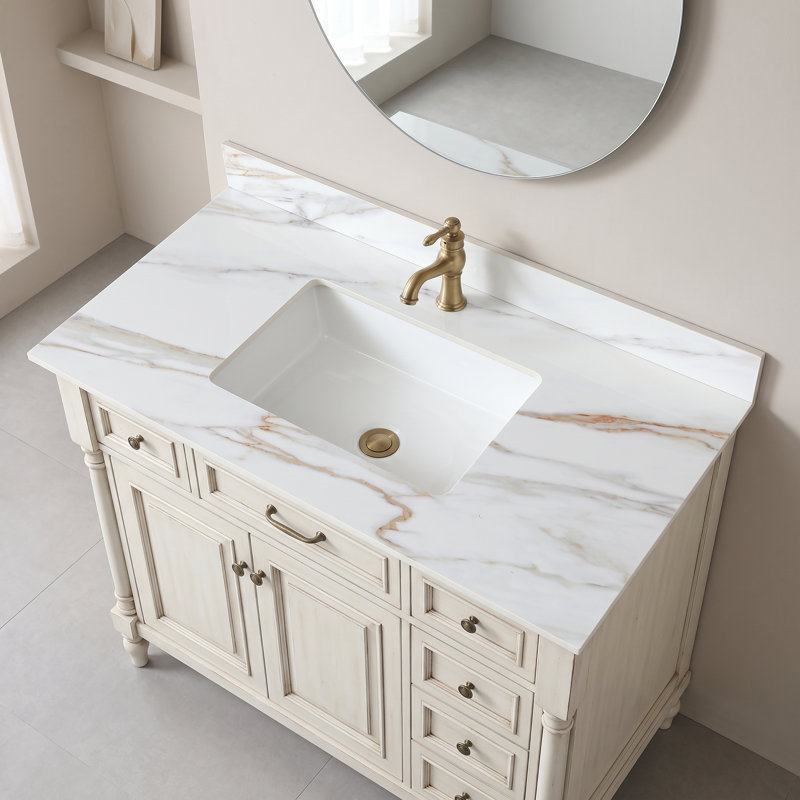 Plan de toilette en pierre frittée Calacatta Gold de 109 cm (43 po) avec lavabo encastré et dosseret, Single-Hole