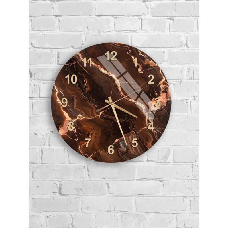 Horloge murale en verre trempé, art abstrait marbré brun, décoration minimaliste chic, horloge de cuisine, horloge silencieuse, cadeau de pendaison de crémaillère