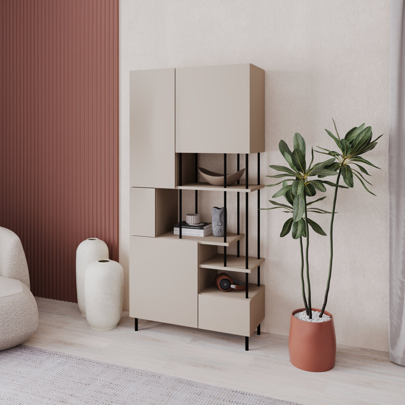 Key Modern Bookcase Display Unit with Closed Cabinets and Open Shelves, Sandstone