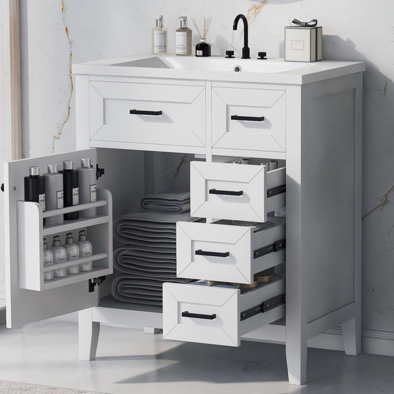 Meuble-lavabo de salle de bain 30 po - Armoire blanche moderne avec tiroirs de rangement en céramique et tablette, Blanc