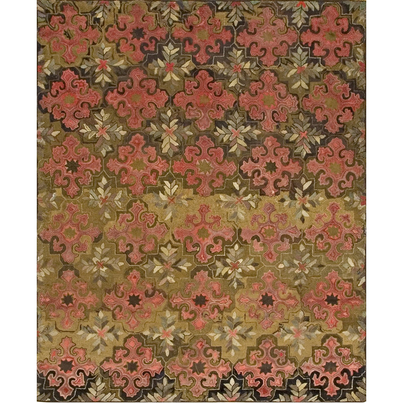 Green Antique Room Size American Folk Art Design Hooked Area Rug