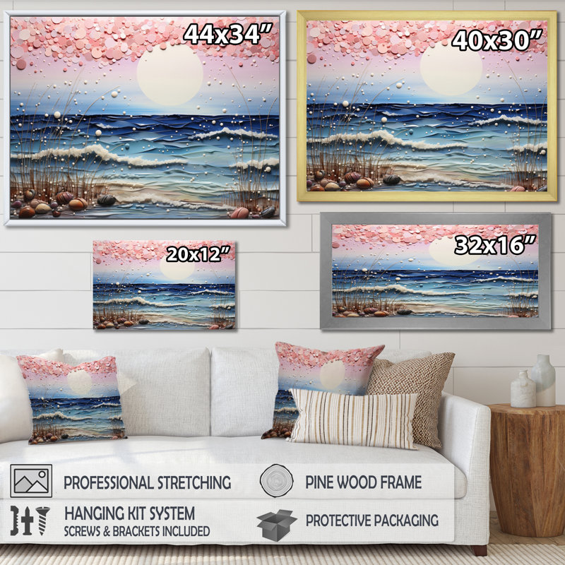 Beach Tranquil Tide Pointillism II - Nautique et plage, impressions sur toile, Cadre flottant noir