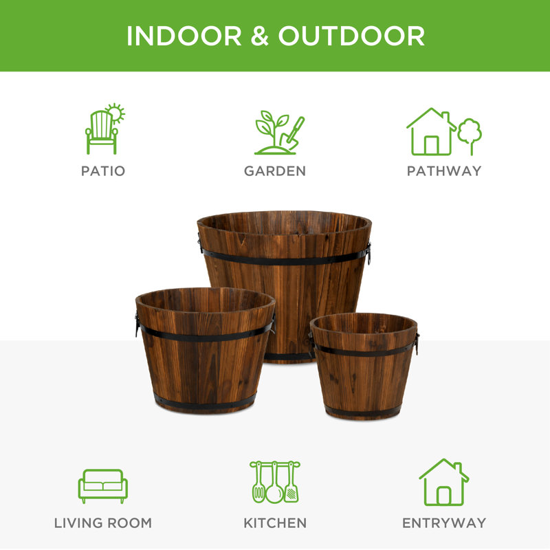 Rustic Wooden Barrel Trio Planters for Indoor & Outdoor Elegance