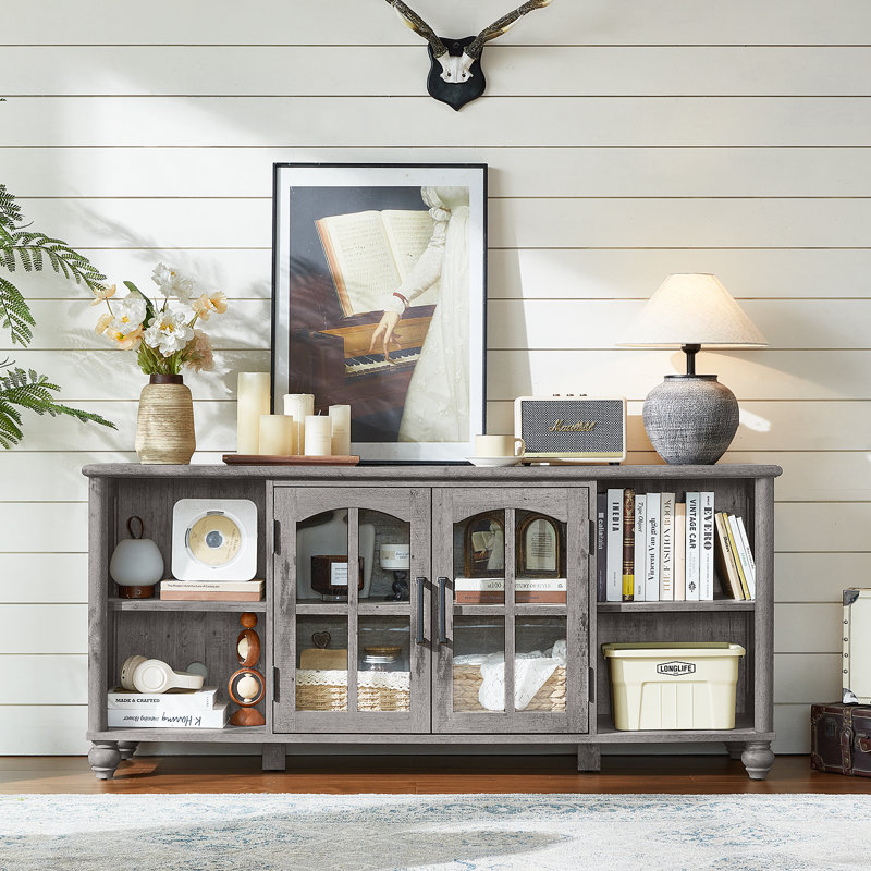 Farmhouse TV Stand For 60 Inch TV, Wood Entertainment Center With Adjustable Shelves & Glass Door Storage Cabinet,Television Stands For 65" TVS,TV Console Table For Living Room,Bedroom