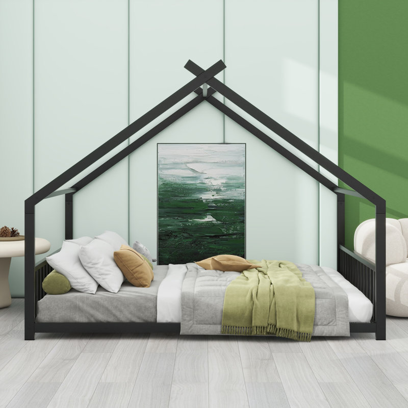 Metal House Bed, Black