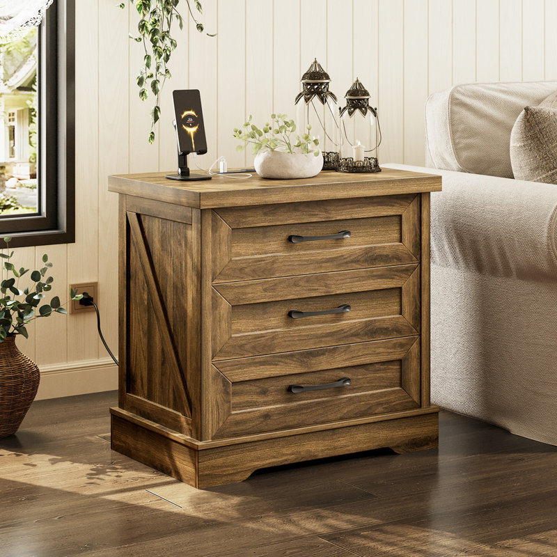 Table de bout rustique avec 3 grands tiroirs, l 23,6 po x P 17,7 po RosaRio, table de chevet de ferme avec 4 pieds en bois massif, table de chevet rétro avec structure durable