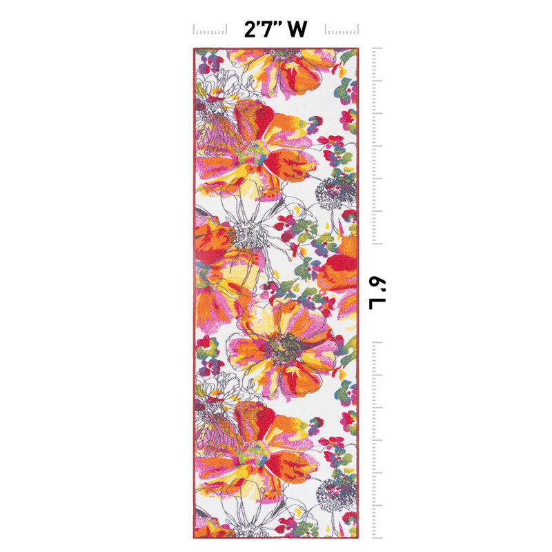 Florentia Floral Tufted Orange/Pink/Ivory Non-Slip Rubberback Area Rug, Runner 2'7" x 6'