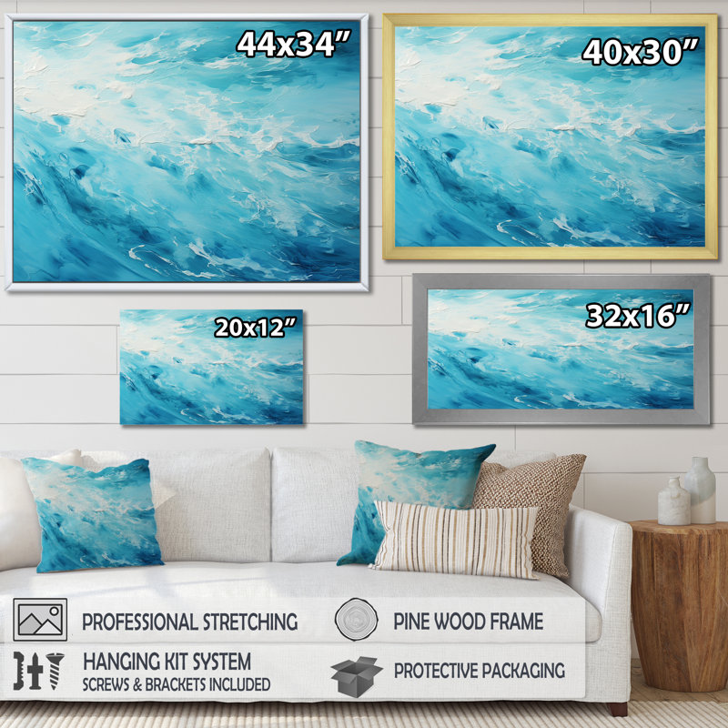 «Azure Blue Lagoon Horizon II», reproduction d'art mural plage et océan, Cadre flottant doré, H 24 po x l 32 po