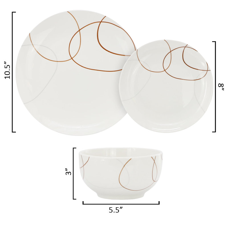 Service de vaisselle en porcelaine pour 4, assiettes et bols blancs au design abstrait moderne, 12 pièces allant au micro-ondes et au lave-vaisselle