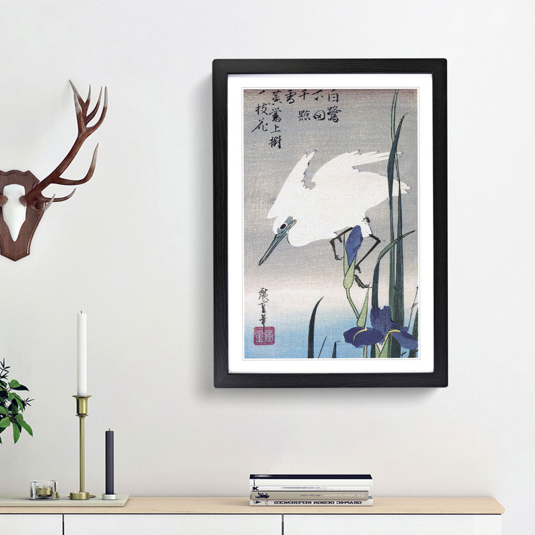 White Heron & Irises by Utagawa Hiroshige - Framed Print