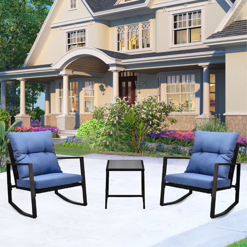 Bistro d'extérieur Modern 3 - chaises berçantes coussinées bleues pour jardin, pelouse, balcon