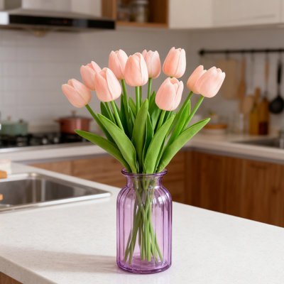 10 Pieces Artificial Tulip Flower Bouquet, 13.4" Real Touch Simulation PU Tulip Stems,, For Wedding Flower Arrangement, Spring Bouquet, Mother's Day Table Centerpiece, Flesh Pink