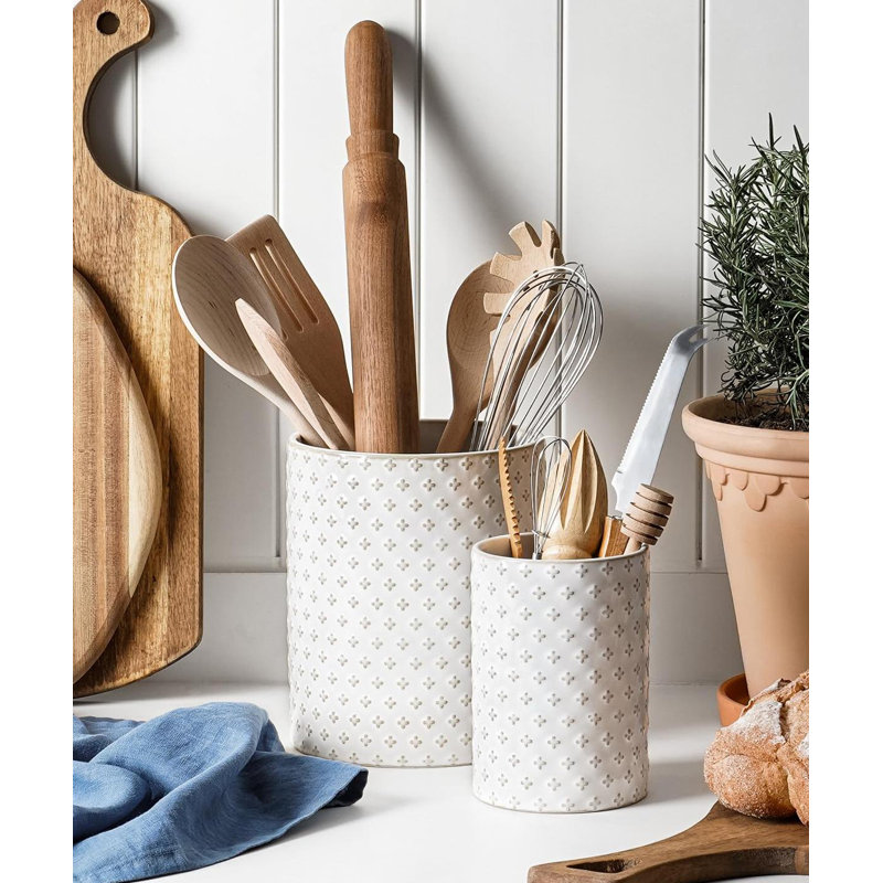 Porte-ustensiles, porte-ustensiles de cuisine en céramique pour comptoir 7,1 "+5,4", ensemble de 2, blanc arctique, trèfle