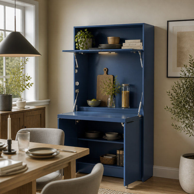 Buffet compact de 91 cm avec vaisselier et poste de travail pliable, Bleu
