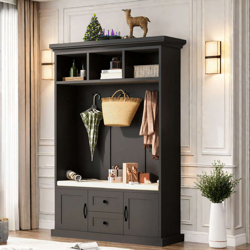 Ehrenfried  Hall Tree With Coat Rack, Storage Bench, 2 Drawers, 2 Cabinets And 3 Open Shelves, Black