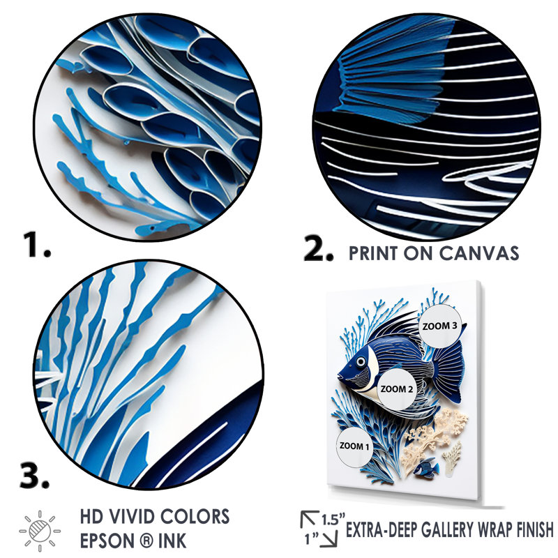 Impression sur toile monochrome de poissons bleus et blancs, Cadre flottant doré, H 40 po x l 30 po x P 1,5 po