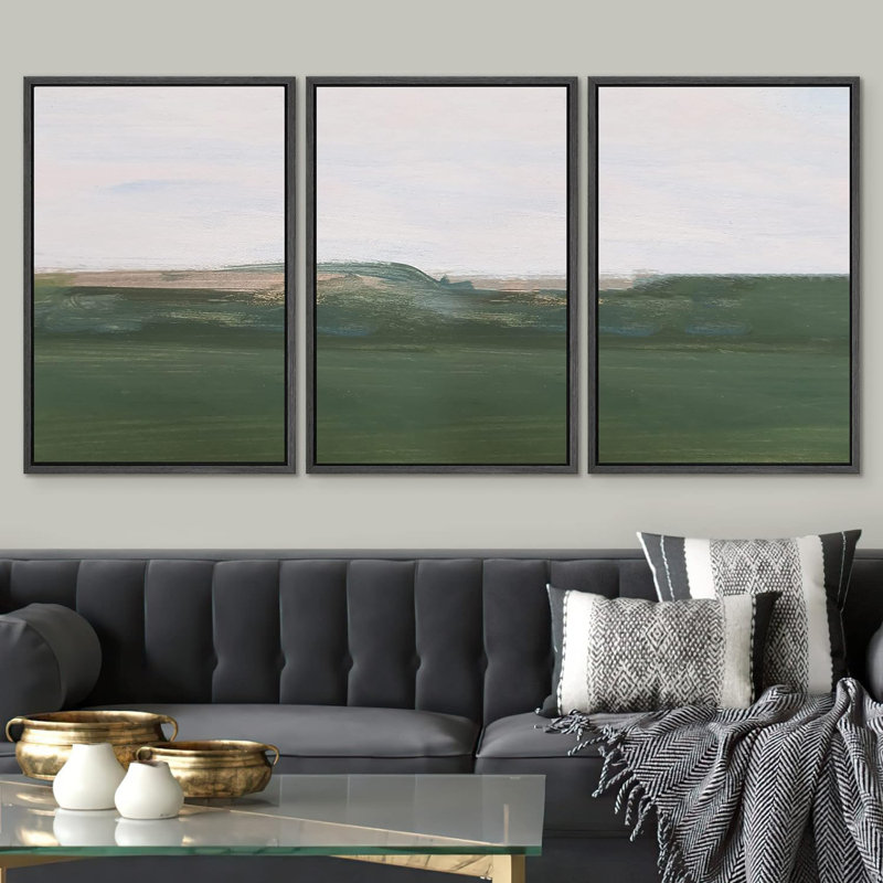 «Minimal Landscape Abstract Green Hill Landscape with Skyline», impression sur toile 3 pièces, Noir