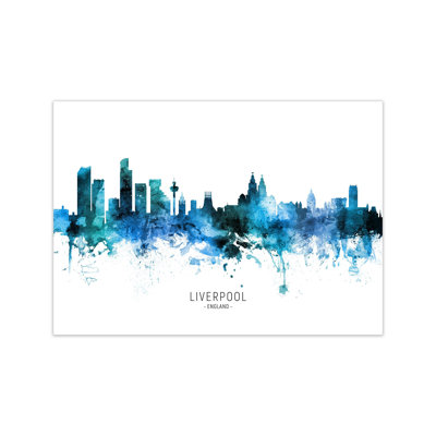 Liverpool England Skyline Blue City Name by Michael Tompsett - Print