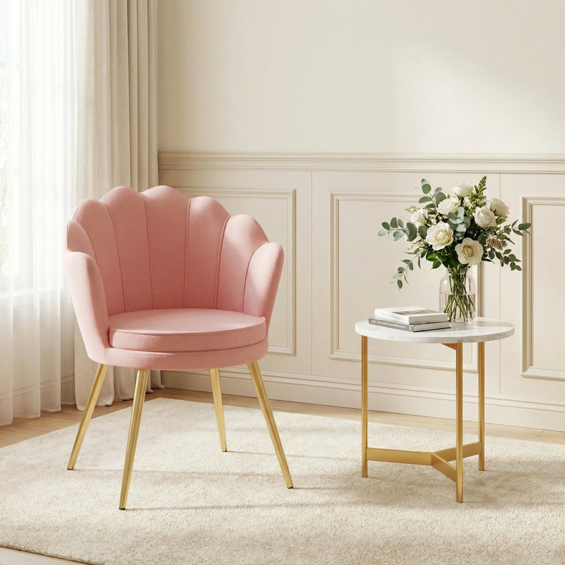 19" Wide Upholstered Papasan Chair Barrel Accent Chair With Gold leg, Pink Velvet