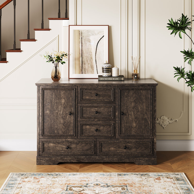 Farmhouse 47" Sideboard Buffet Cabinet with 5 Drawers & 2 Doors, Wood Coffee Bar with Adjustable Shelves for Dining Room, Living Room