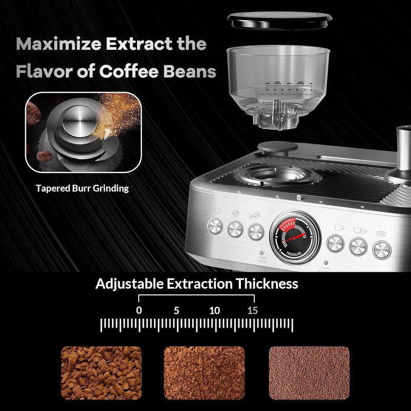 Semi-Automatic Espresso Machine, 20 Bar Coffee Maker with 30 Grinding Setting, Espresso Maker