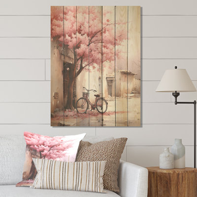 Pink And White Springtime Florals Bicycle I - Bicycle On Wood Print