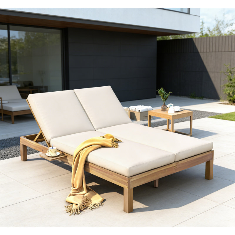 5-Position Adjustable Backrest Double Chaise Lounge Outdoor, Light Teak