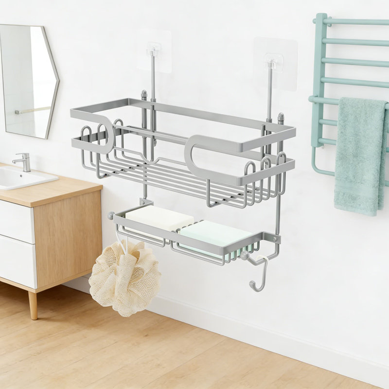 Serviteur de douche au-dessus de la porte avec porte-savon double, organisateur de douche suspendu à 3 niveaux avec 16 crochets, tablette de rangement en acier inoxydable antirouille pour porte de salle de bain