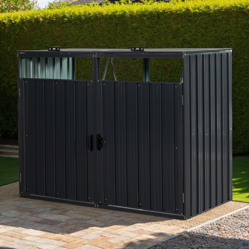 Metal Outdoor Garbage Bin Shed with Lockable Doors and Lift-Up Lids, Galvanized Steel Storage for Garden or Yard, Black
