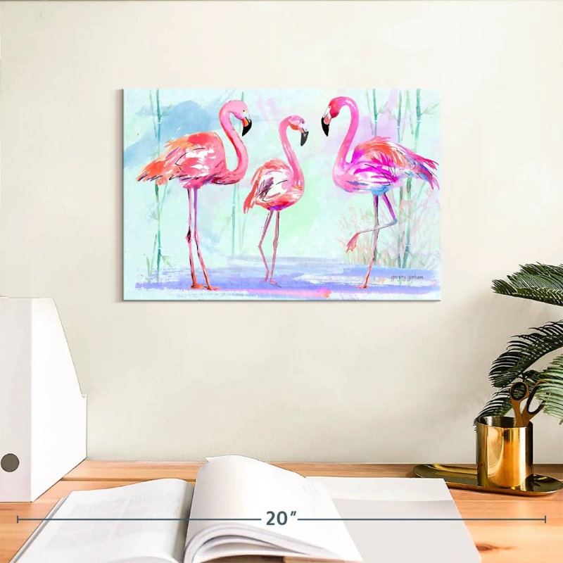 Trio flamant rose Brampt sur fond bleu, H 8 po x l 12 po