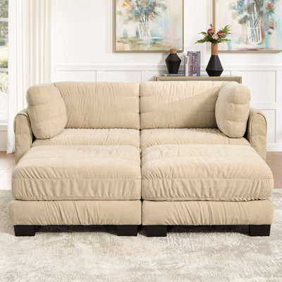 Canapé modulaire en chenille à 2 sièges avec détails ruisselés, 2 repose-pieds mobiles, mousse à haute densité, coussins de dossier en forme de L, assemblage facile, pour le salon, la chambre à coucher
