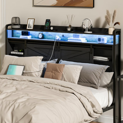 Issifu Headboard with Storage, 3-Tier Headboard with Outlets, USB Ports and LED Light by 17 Stories