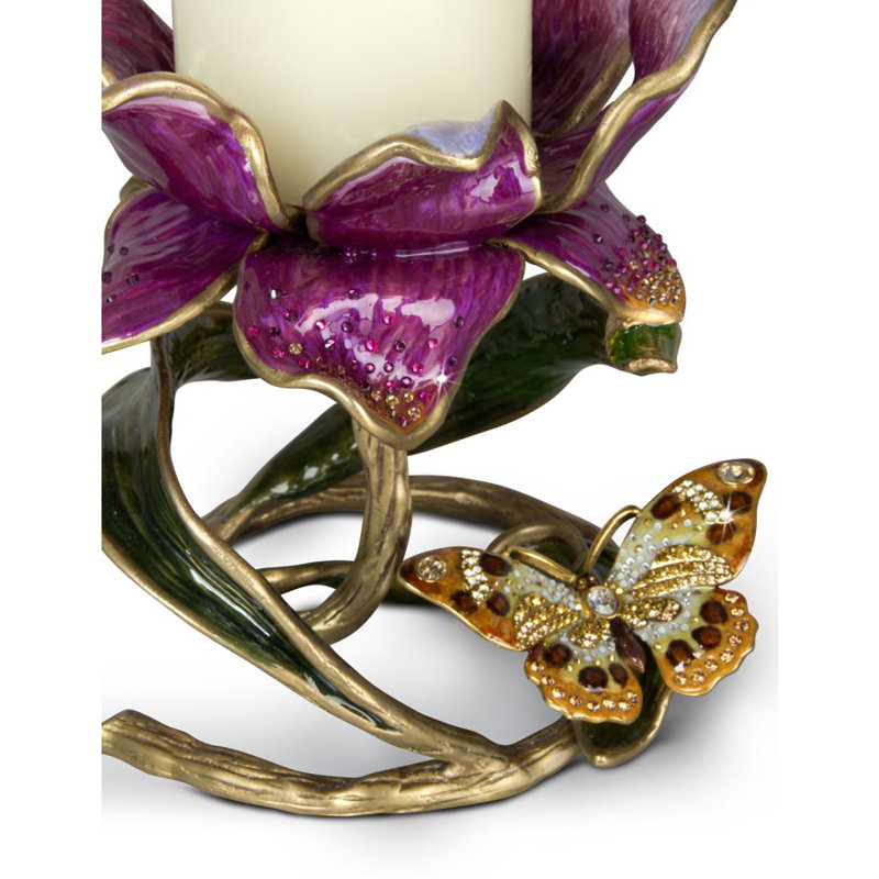 Antiqued Gold Brass Pillar Candle Holder with Swarovski Crystals