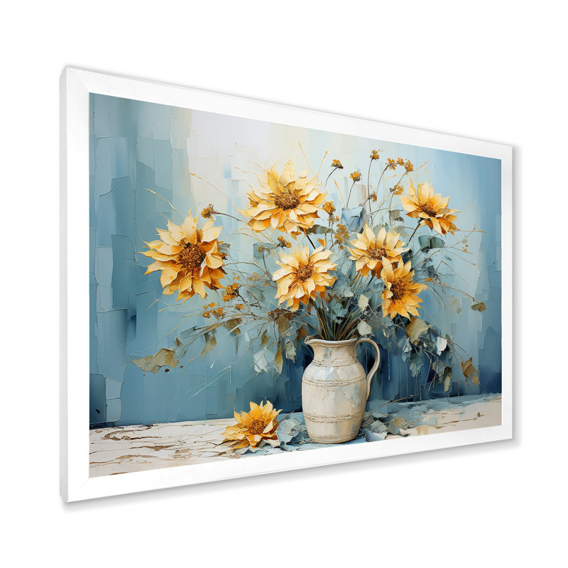 «Blue Sunflowers Farmhouse Still Life» sur toile, H 34 po x l 44 po x P 1,5 po, Cadre photo blanc