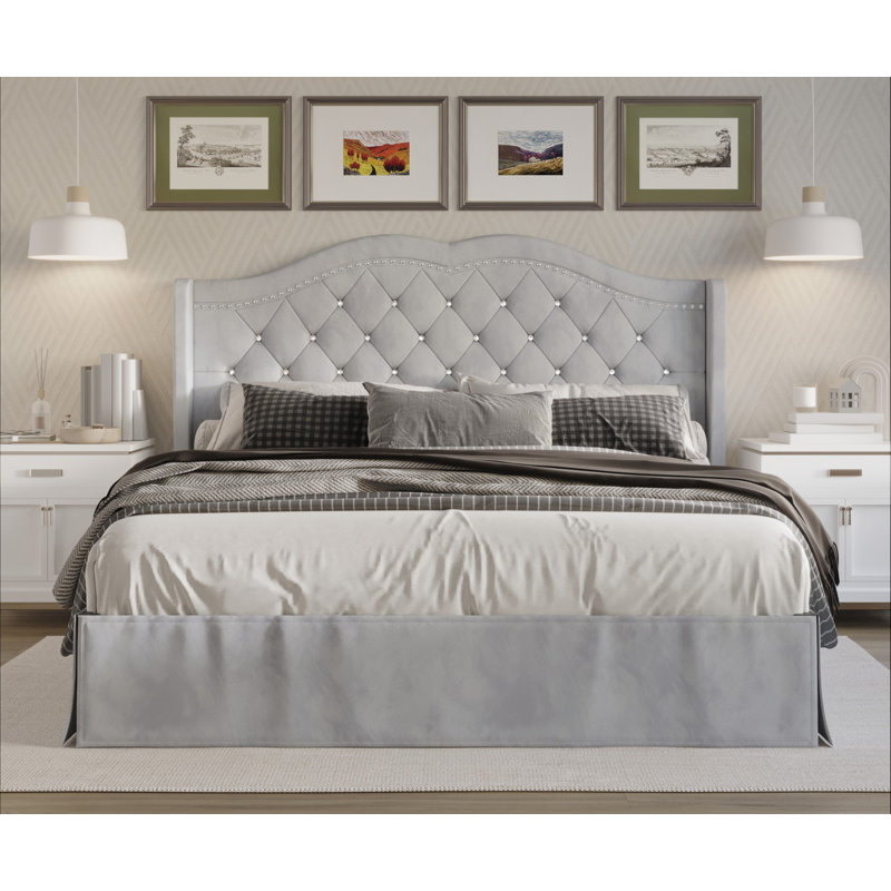 Almanzo Upholstered Wingback Bed, Silver/Gray, Queen