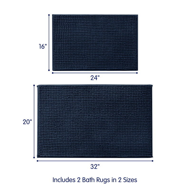 Super Soft Absorbent Microfiber Rectangle Non-Slip Bath Rug Set, Navy, 32'' L x 20'' W, Set of 2