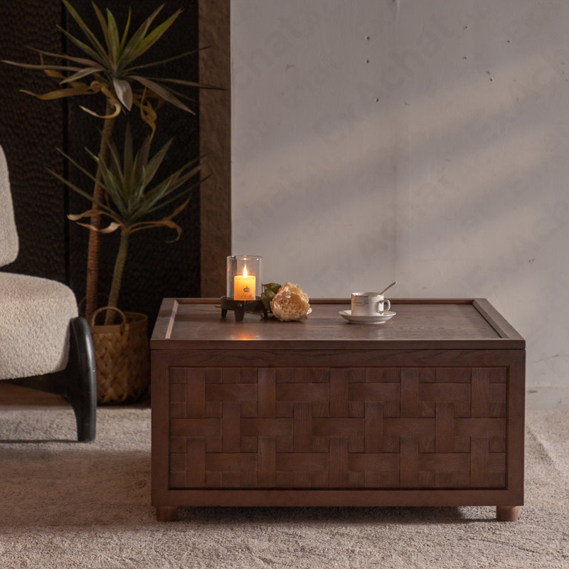 Table basse Farmhouse avec rangement, grande table basse carrée pour le salon, brun