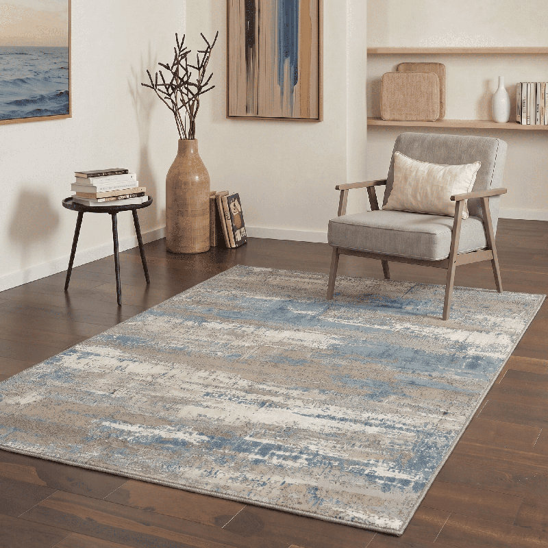 Modern Abstract Machine Washable Blue/Beige/Brown Indoor Area Rug with Non-Slip Backing, Rectangle 8' x 10'