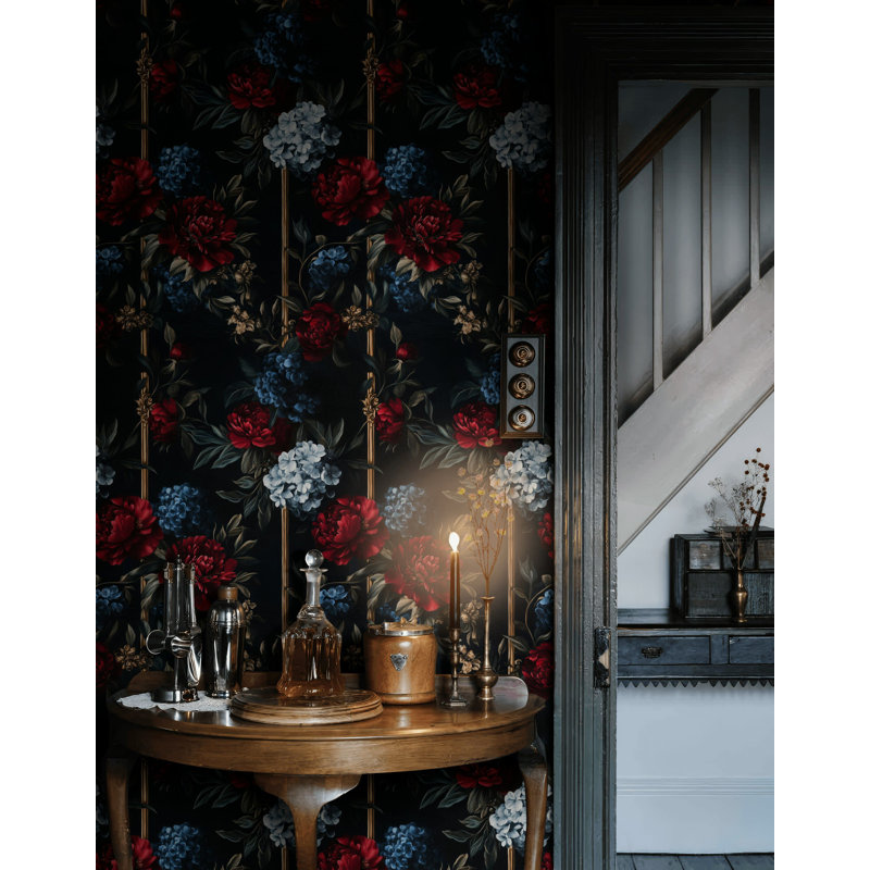 Papier peint floral foncé | Murale fleur rouge et bleue | Élégant décor rétro pelez et collez