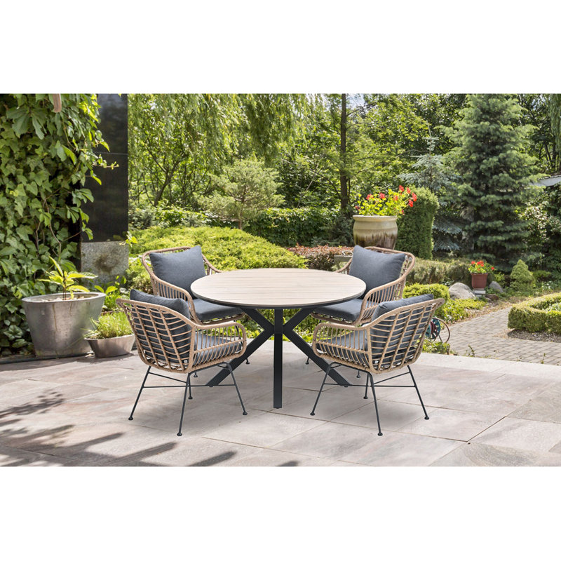 Cambra 122cm Round 5 Piece 4 Person Outdoor Table Set with Nivelles Dining Chairs, Natural, Dark Grey, Beige
