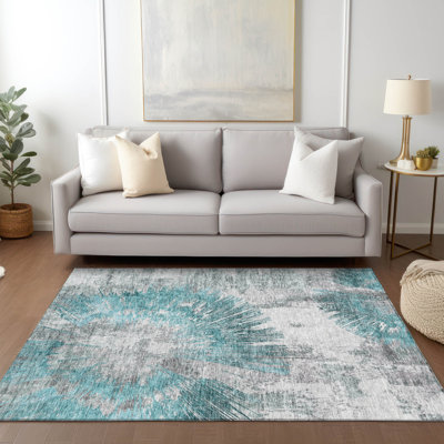 Machine Washable Indoor/Outdoor Mahaney ACN773 Teal 1'8" x 2'6" Rug