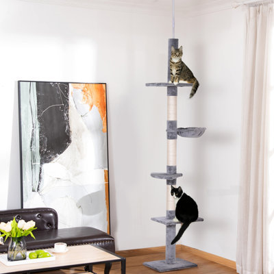 Floor-Ceiling 9' Cat Entertainment Tree - Grey And White. Adjustable Height 90.5''-100.98'', 5 Platforms, 3 Rope Scratching Areas, Particleboard, Warm Cushion, Keep Your Furniture Looking Nice Tall