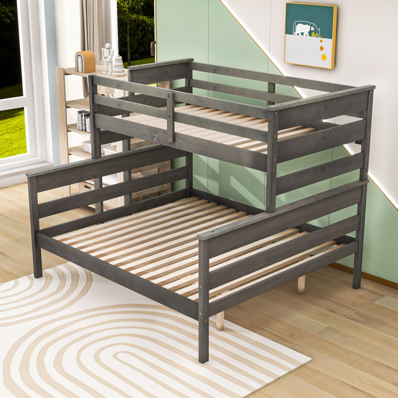 Lit simple superposé au-dessus de grand lit en bois avec garde-corps et échelle, convertible en 2 lits, Gris
