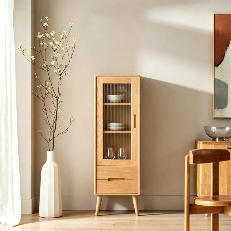 Armoire d'appoint Mid-Century moderne en chêne massif 47 "avec 2 tiroirs, porte cannelée, Chêne naturel, H 47 po
