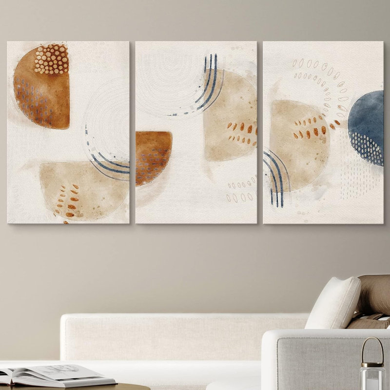 Style Mid-Century industriel, grunge, brun et brun clair, demi-cercles, formes abstraites, art moderne bohème neutre, 3 pièces