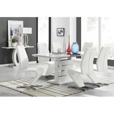 Renne Modern High Gloss Extendable Dining Table Set With 6 Modern Design Faux Leather Dining Chairs