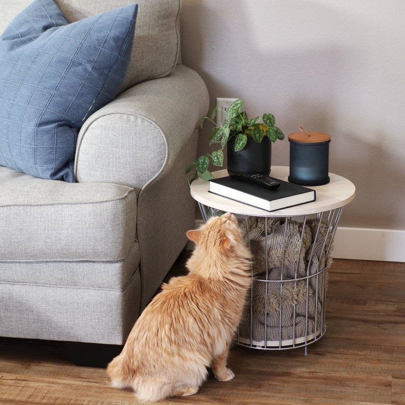 Table de bout à piédestal en métal moderne avec plateau en faux grain de bois, Crème, gris