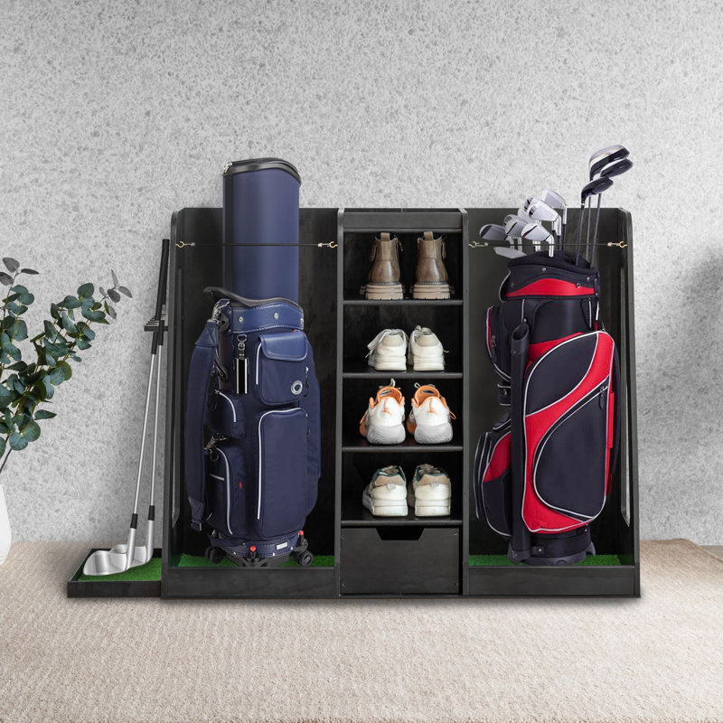 Étagère de rangement pour sacs de golf 55,5 po x 16 po x 37 po en bois avec tiroirs - organisateur à 2 sacs avec porte-club, noir